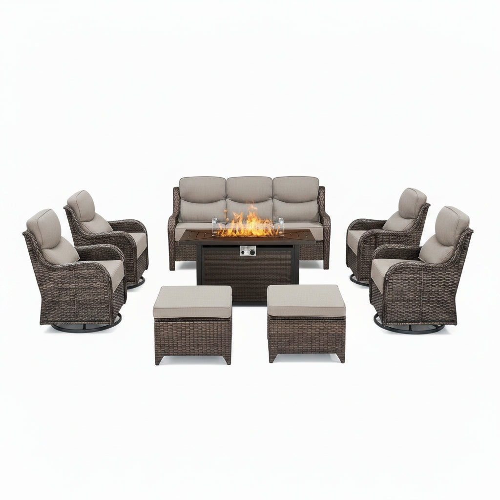 9-Piece Outdoor Patio Furniture Set with Fire Pit Table,Swivel Chairs and 6" Thick Cushions,Sectional Sofa and Ottomans,Patio Conversation Set for Porch Deck Garden Backyard