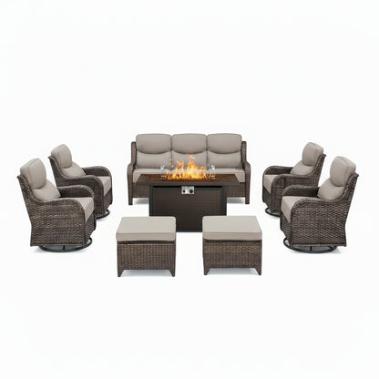 9-Piece Outdoor Patio Furniture Set with Fire Pit Table,Swivel Chairs and 6" Thick Cushions,Sectional Sofa and Ottomans,Patio Conversation Set for Porch Deck Garden Backyard