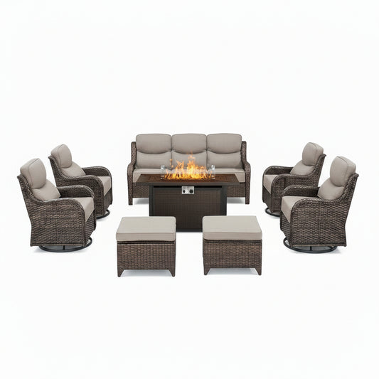 9-Piece Outdoor Patio Furniture Set with Fire Pit Table,Swivel Chairs and 6" Thick Cushions,Sectional Sofa and Ottomans,Patio Conversation Set for Porch Deck Garden Backyard
